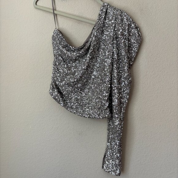 Express Sequin One Shoulder Puff Sleeve Top NYE New Years - Picture 2 of 10